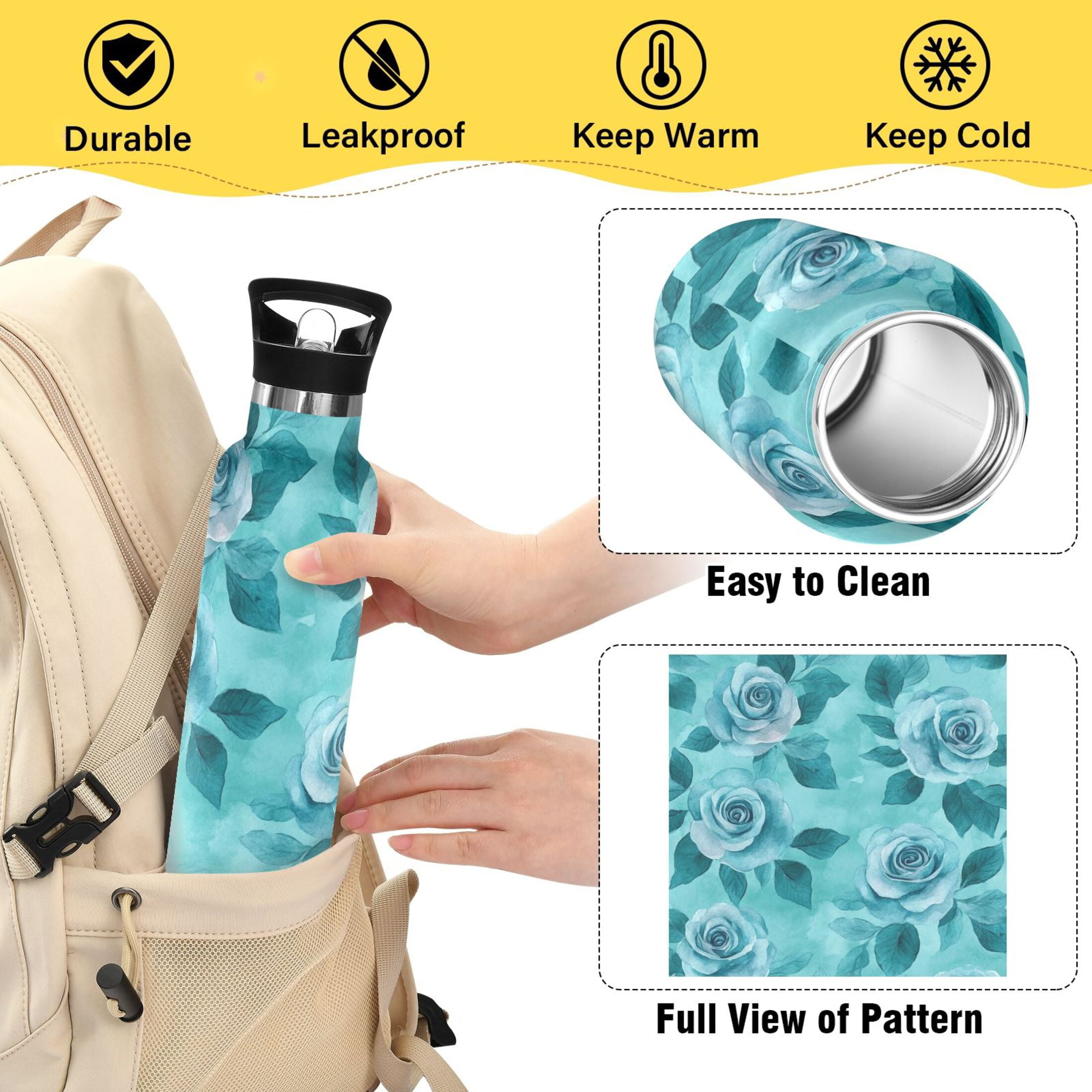600ML Stainless Steel Insulated Cup Sports Water Bottle Portable Thermos Cup Water Glasses Insulated Tumblers Convenient and Durable Cartoon Navy Roses