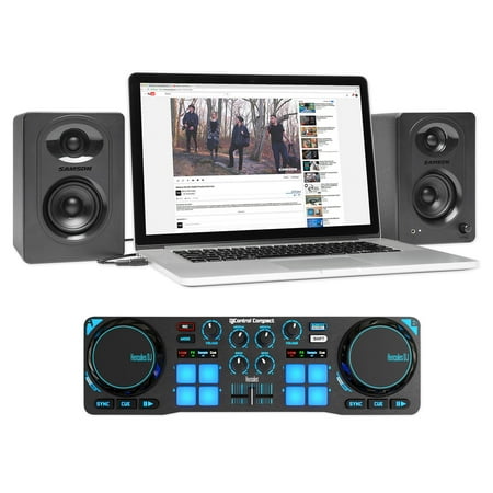 Hercules DJControl Compact USB 2-Deck DJ Controller Mixer + (2) Samson Monitors