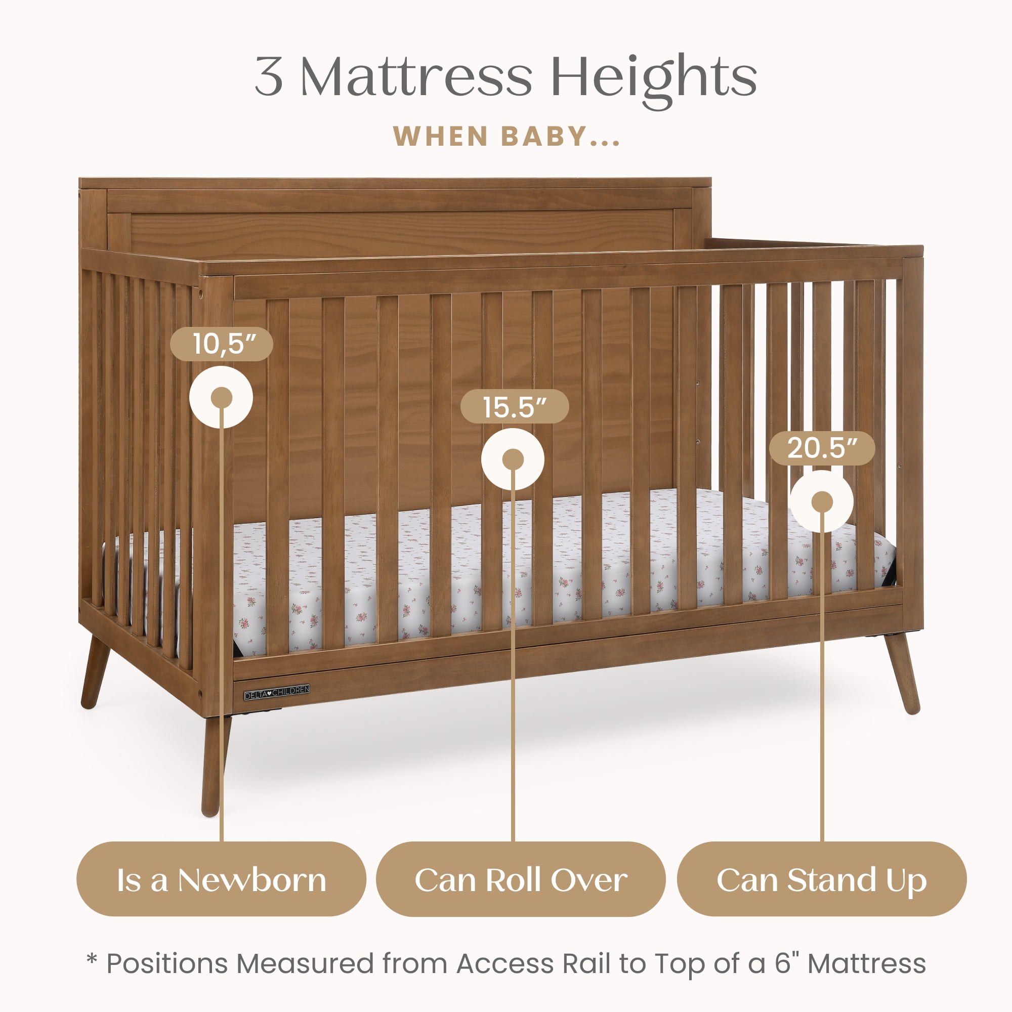 Delta Children Lola 6-in-1 Convertible Crib - Converts from Baby Crib to Toddler Bed, Daybed, Sofa Bed and Full-Size Bed With and Without Footboard, Fits Standard Full-Size Crib Mattress, Chestnut
