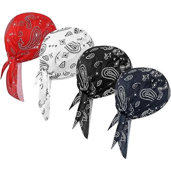 WoWstyle 4 Pcs Do Rags Skull Caps for Men Fashion Sweat Wicking Helmet Liner Beanie Breathable Motorcycle Cycling Sports Cap Welding Cap Pirate Hat