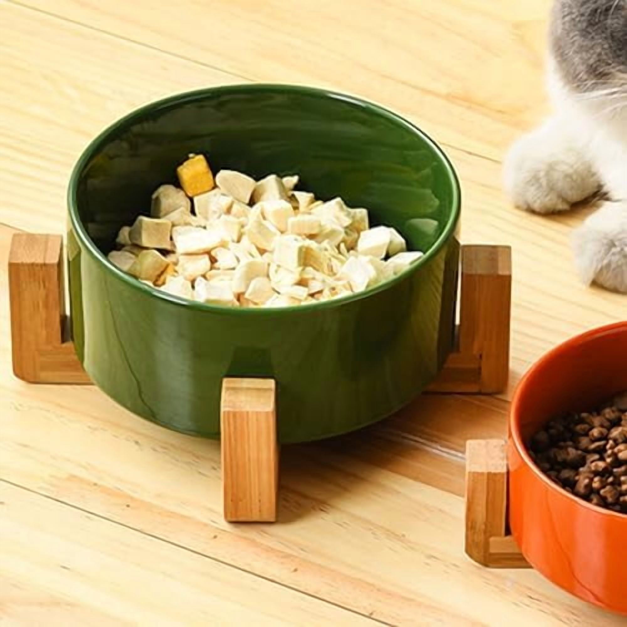 Ceramic Dog Bowl Set with Stand, Cat & Dog Food and Water Bowls, Medium Size - Anti-Slip Set of 2 - 28 OZ /3.6 Cups - Rust Green