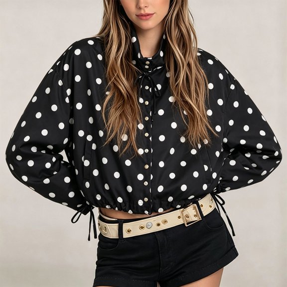 Hontri Womens Polka Dot Zip up Cropped Jackets Lightweight, Lapel Collar, Casual Trendy, Fall Spring Outfits, Streetwear Black L