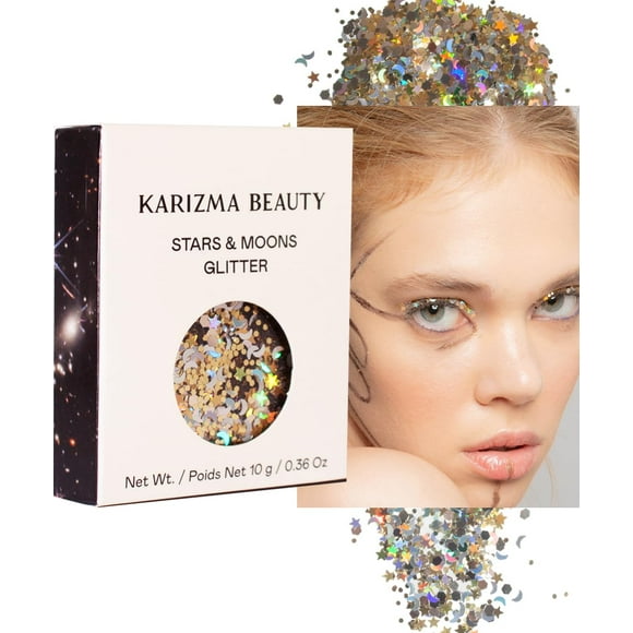 KARIZMA Stars & Moons Paillettes pour le Corps. 10g Paillettes Épaisses pour le Visage, Paillettes pour Cheveux, Paillettes pour les Yeux et le Corps pour Femmes. Paillettes Rave, Accessoires de Festival, Maquillage Cosmétique Paillettes. Ensemble de Paillettes Amples