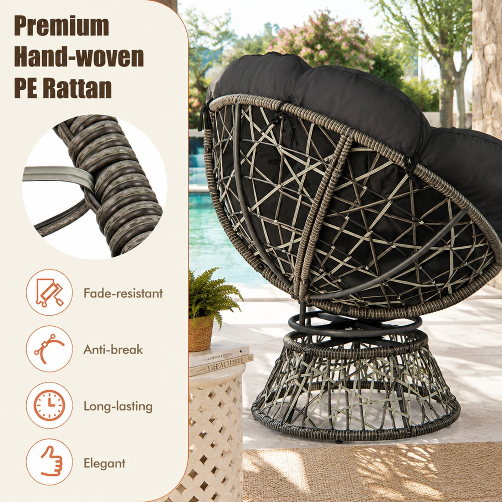 Furnibear PE Wicker Papasan Chair with Thick Removable Cushion 360 Degree Swivel Base and Metal Frame for Living Room and Sunroom, Black