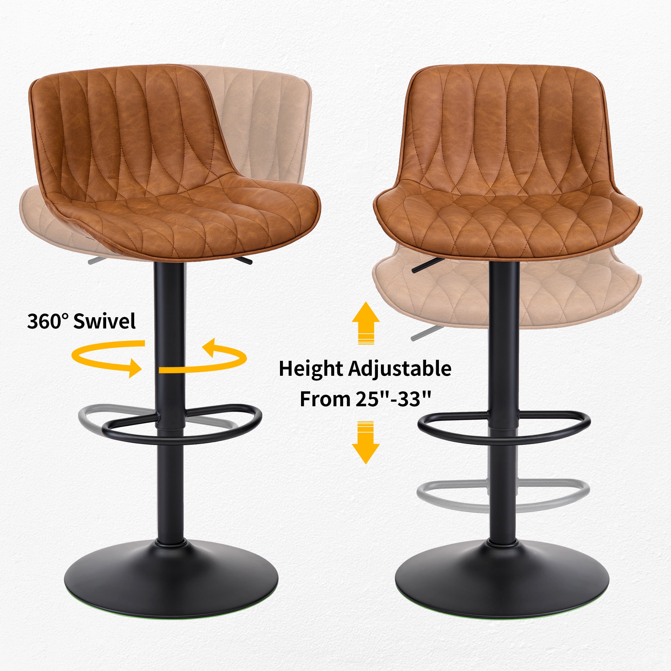 FIRAVOE Swivel Bar Stools Set of 2 (Adjustable Height 25"-33") Counter Height Bar Stools with Back, Modern Faux Leather Barstools for Kitchen Island, Brown