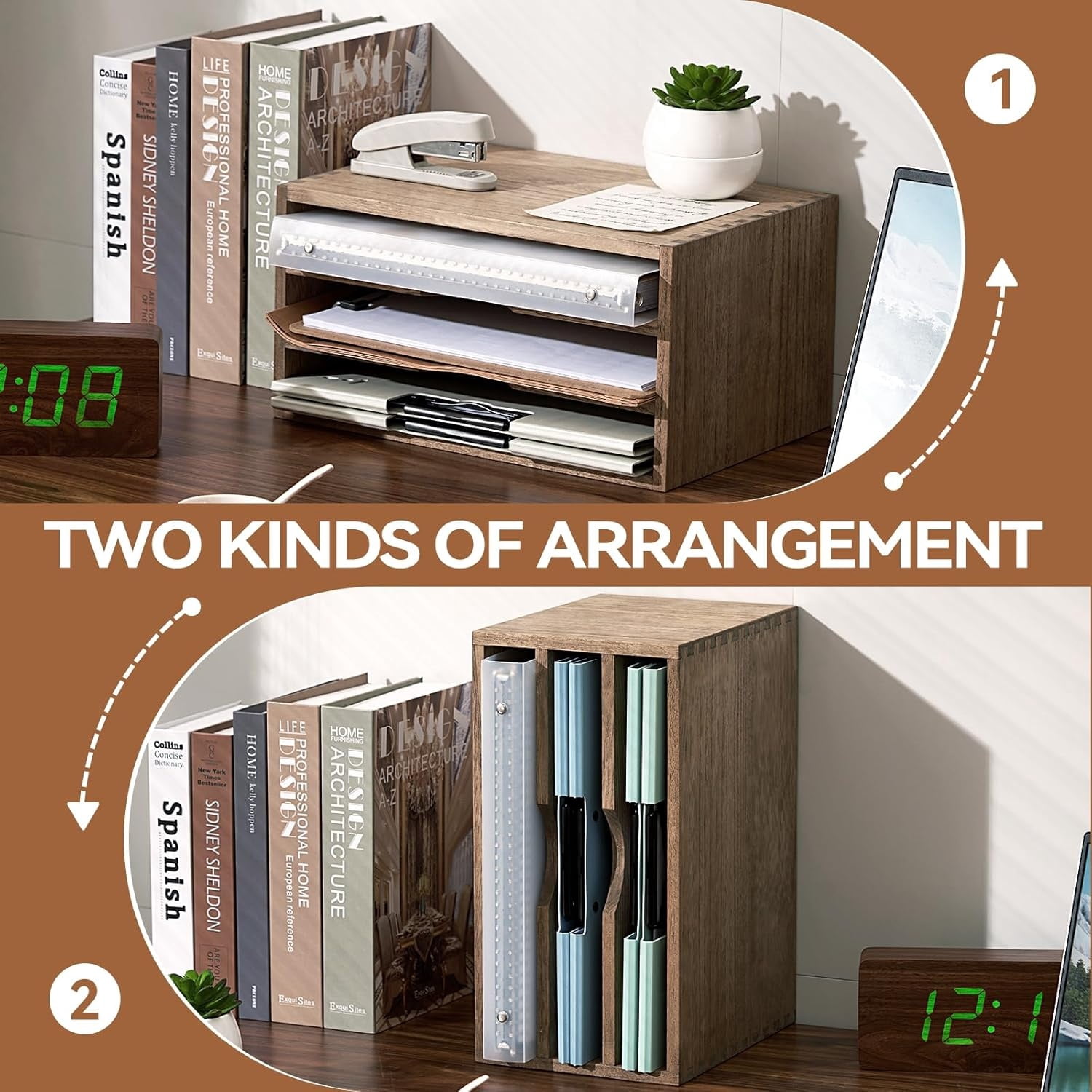 Wooden Desktop Organizer Paper Storage Letter Tray File Sorter - Desk Rack Magazine File Dividers Holders for Home Office Accessories with 3 Layer Trays Dark Brown