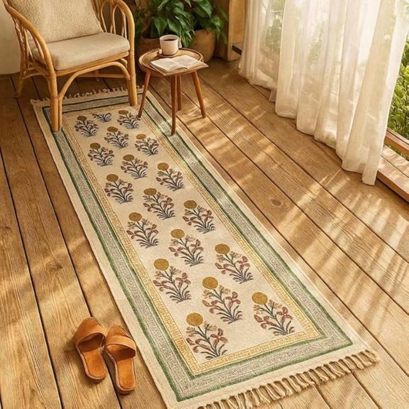 Vayan Yellow Cotton Block Printed Runner Area Rug For Hallway Stair Home Decor Kilim, Orange 2.5x4 feet
