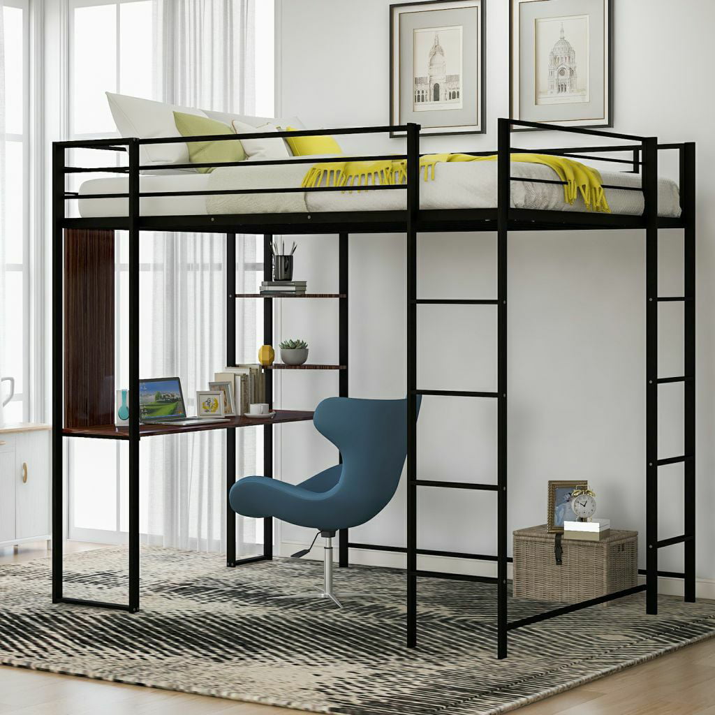 Full Size Metal Loft Bed,Full Bed Frame,with 2 Shelves,one Desk ,4-Step