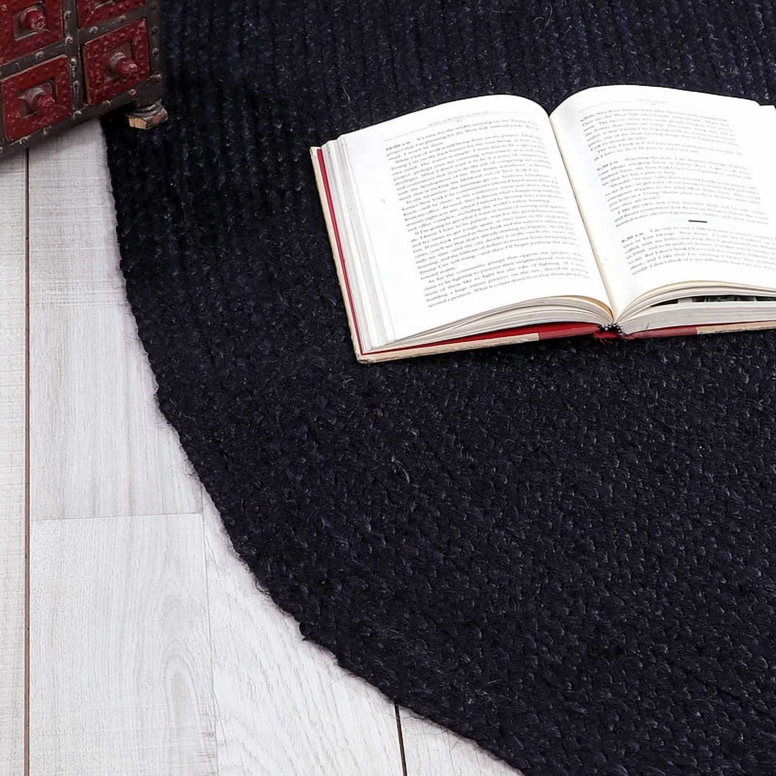 All Natural Jute Round Rug – Handwoven Braided Soft Area Carpet – Rustic Farmhouse Boho Eco Friendly Reversible Floor Rug for Living Room Bedroom Kitchen Dining, Black, 3 FT