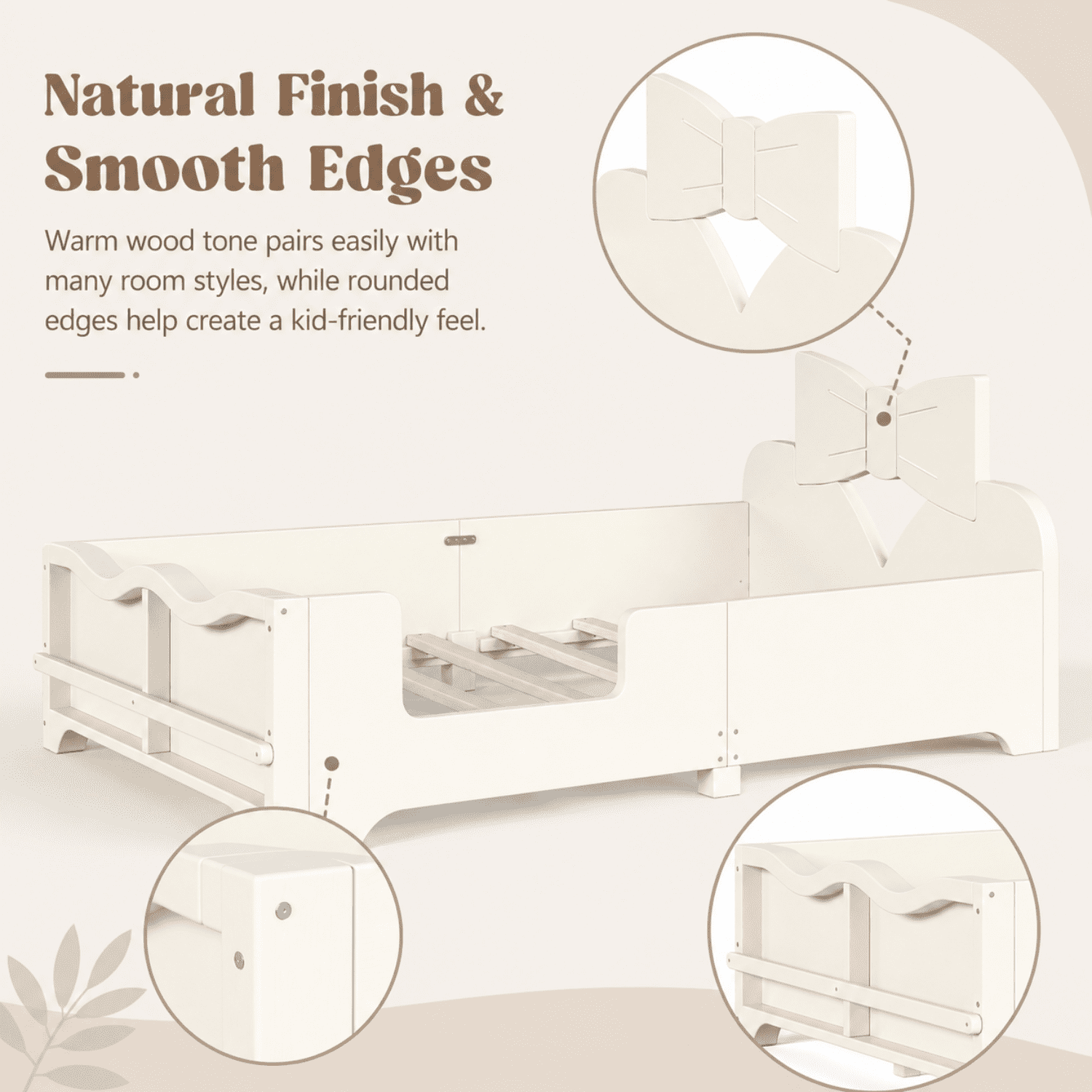 Miniyam Kids Twin Montessori Floor Bed with Guardrails and Built-In Bookshelf, Bowknot Headboard, White