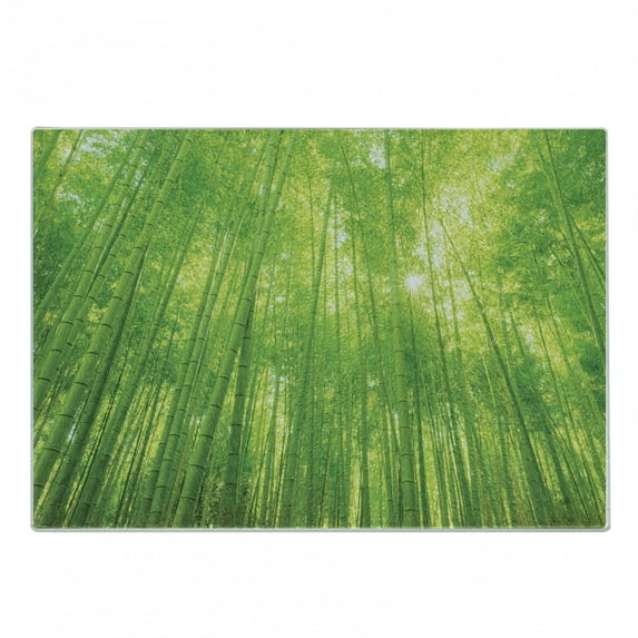 Bamboo Print Cutting Board, Image of Bamboo Trees with Sun Rays in Rainforest Exotic Wildlife Plants Nature, Decorative Tempered Glass Cutting and Serving Board, Small Size, Green, by Ambesonne