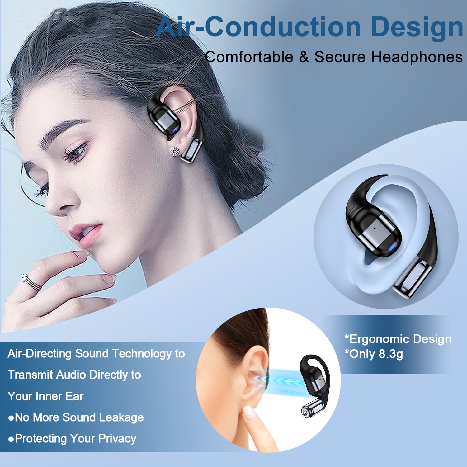 Wireless Earbuds,Bluetooth 5.3 Headphones for iPhone Android 60Hrs Playtime Waterproof IPX5 Open-Ear Stereo Earphones Headset Noise Cancelling True Wireless Earbuds with Ear Hooks&Charging Case,Black