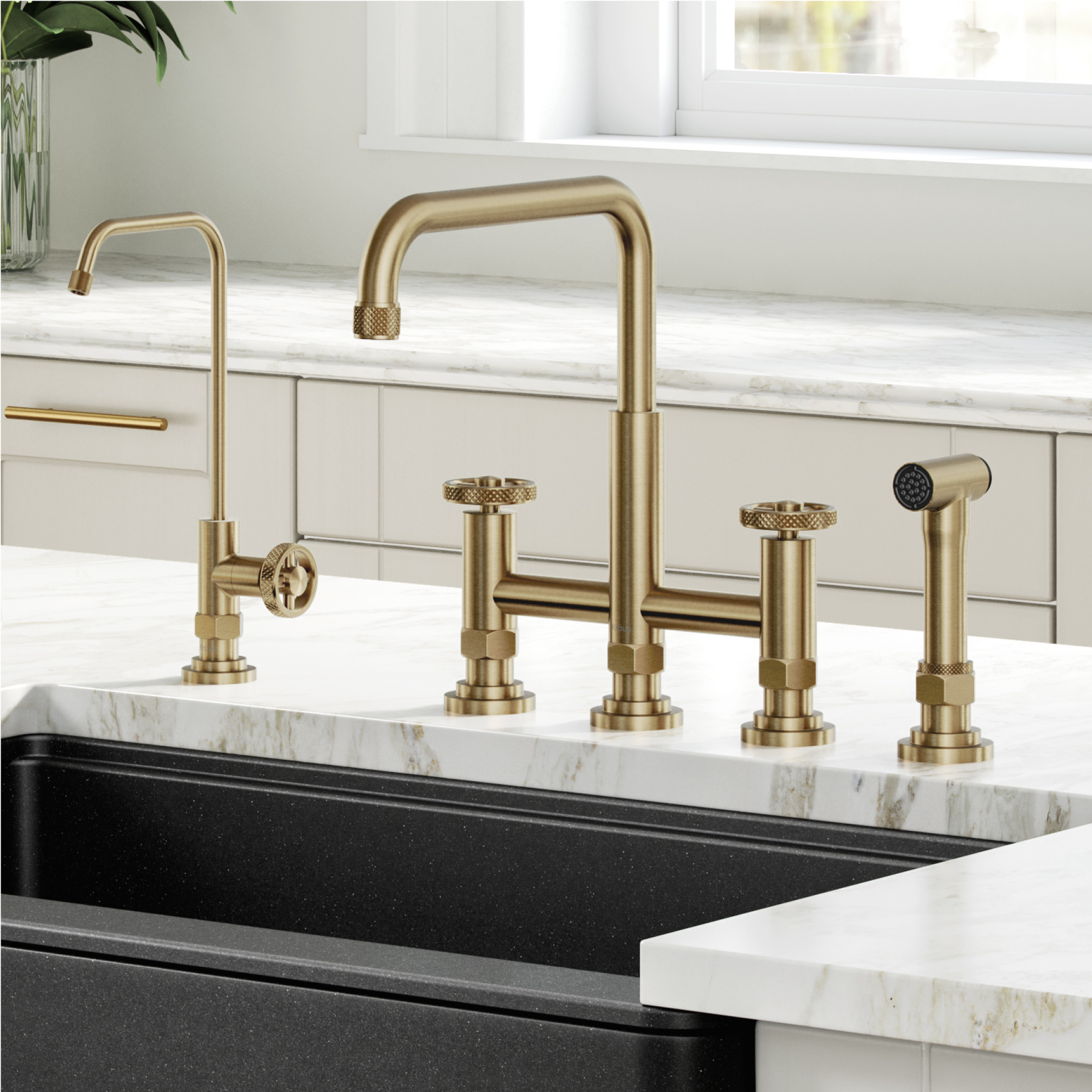 KRAUS Urbix™ Industrial Bridge Kitchen Faucet and Water Filter Faucet Combo in Brushed Gold - image 2 of 12