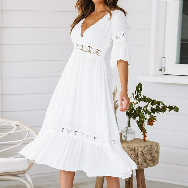 TopLLC Fashion Women Summer Dresses Flowy White Dress Sexy Hollow Chiffon  Short Sleeve V Neck Boho Maxi Dress Plus Size Beach Sundress Loose Wedding  Guest Dresses 