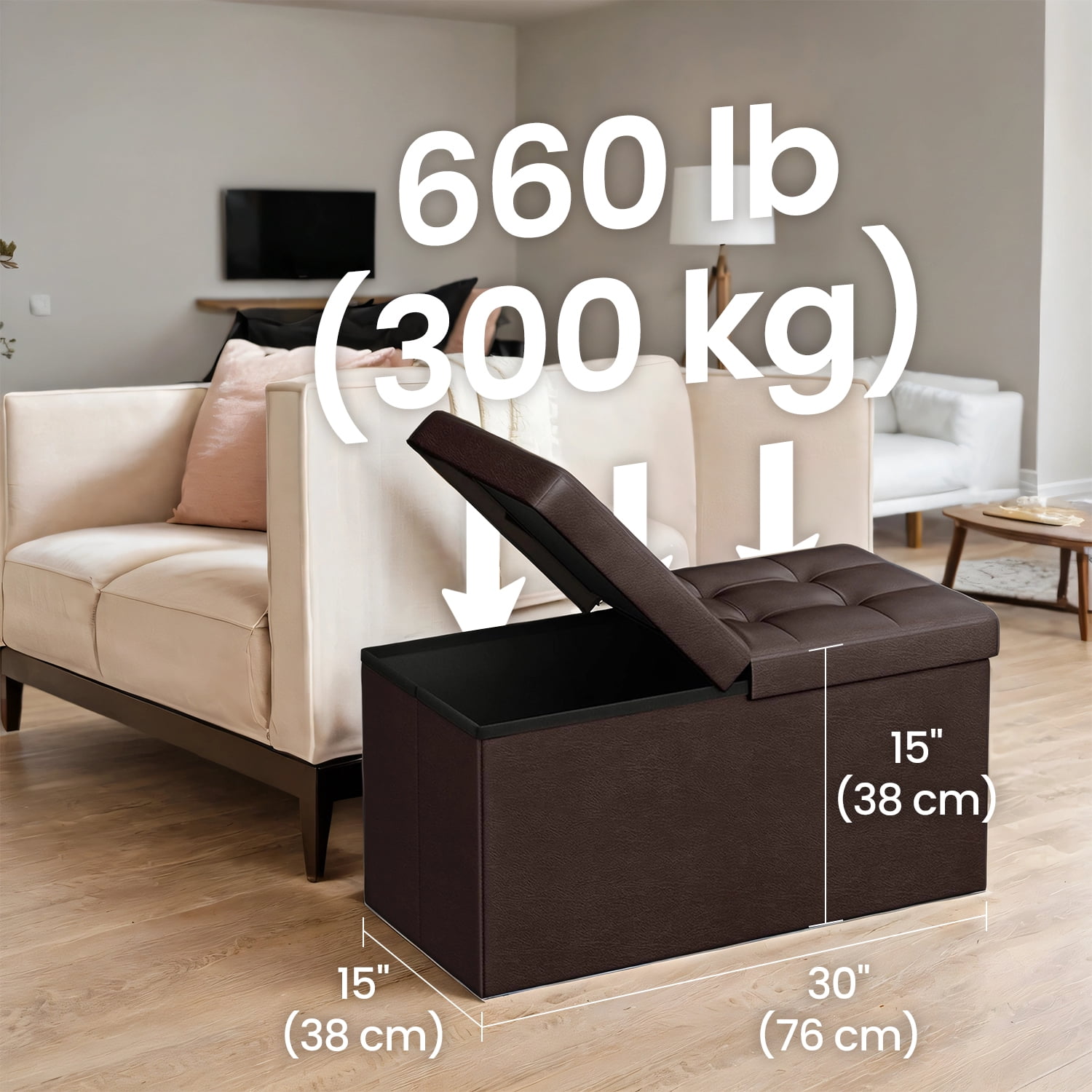 LEDREM 30" Flip-Top Storage Ottoman Bench, 660lb Capacity, Multi-Functional Footrest, Seat, Coffee Table, Easy-Clean Synthetic Leather, Brown