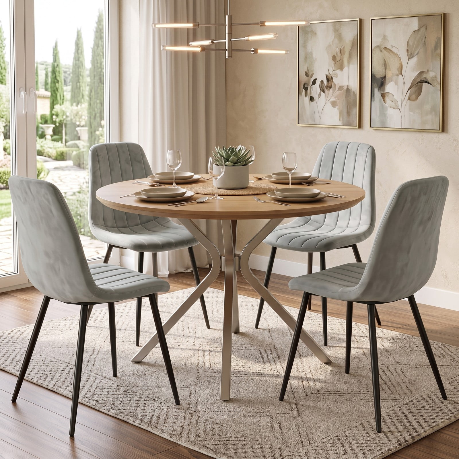 Furnibear Upholstered Fabric Dining Chairs Set of 4, Mid-Century Modern Kitchen Side Chairs with Curved Backrest, Padded Cushion Seat and Sturdy Metal Legs for, Gray