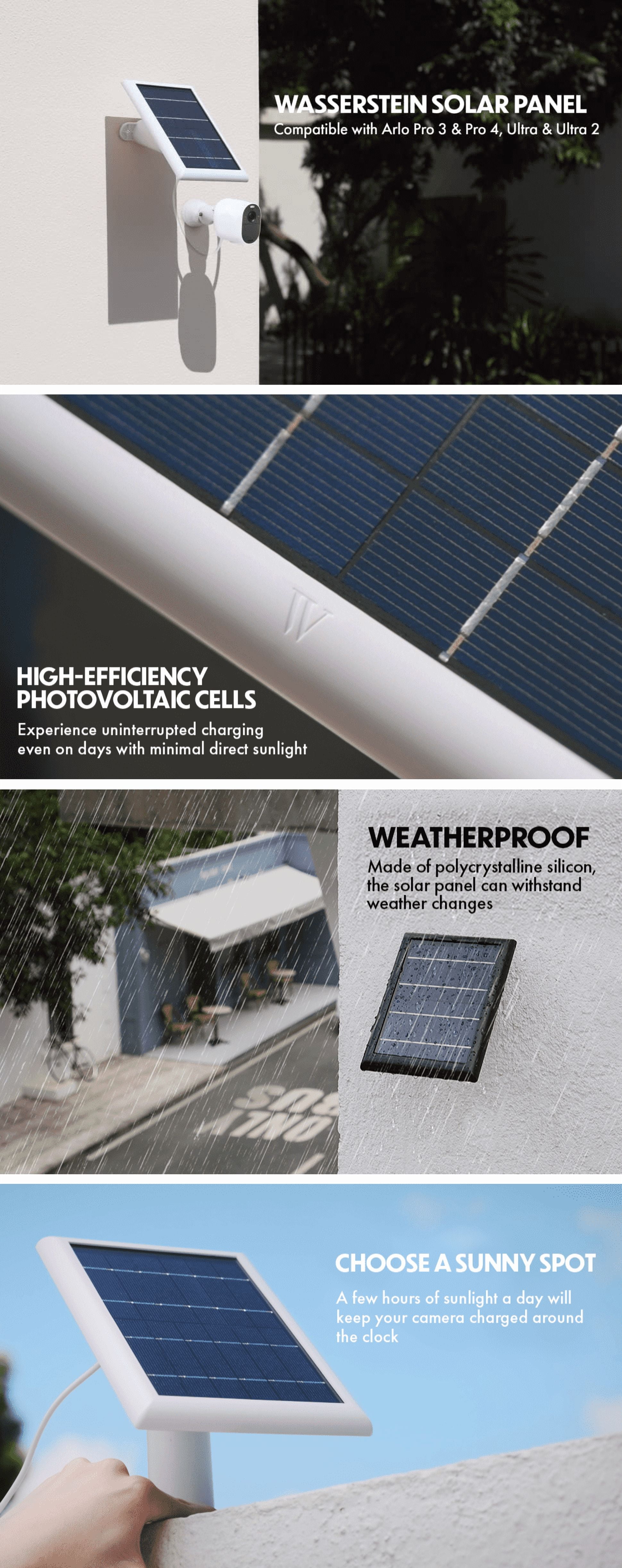 Wasserstein Solar Panel Compatible with Arlo Ultra/Ultra 2, Arlo Pro 3/Pro 4 and Arlo Floodlight ONLY with 13.1ft Cable (2 Pack, White) - Camera Not Included