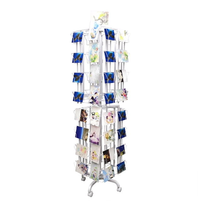 FixtureDisplays® 64 Adjustable Pockets Display Rack 5x7 7x5 up to 9.3" Wide X 8" Tall Cards, 1.27" deep Pockets, Double Tier Greeting Post Card Christmas Holiday Spinning Rack Stand White 10139-WHITE