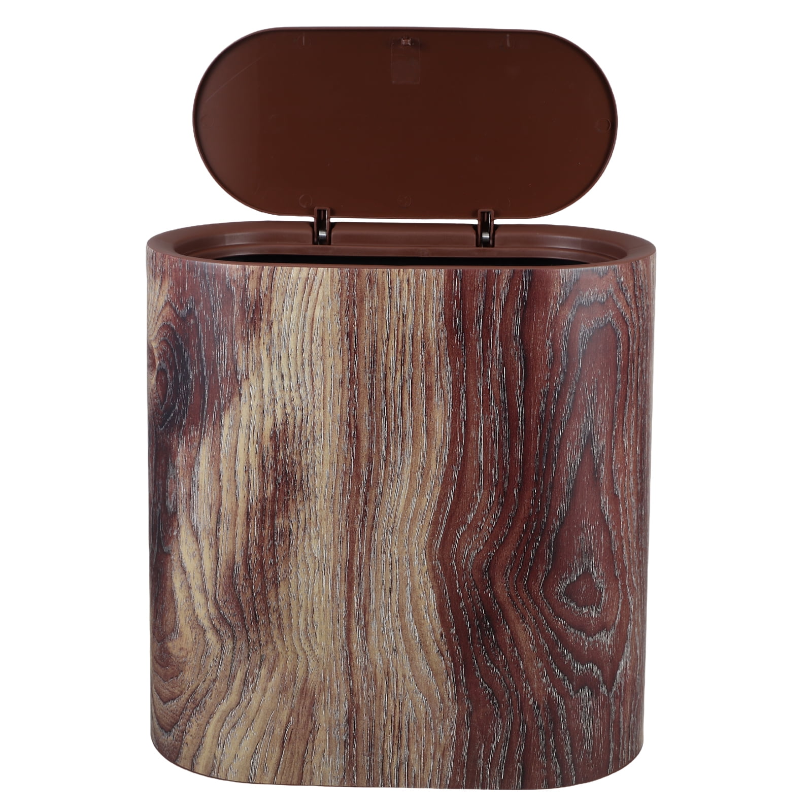 Space Saving Wood Grain Plastic Trash Can With Lid For Bathroom Kitchen Living Room And Office Compact Waste Container For Small Spaces