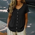 thumbnail image 5 of Women's Blouses Breathable Casual Cotton Linen Tops Crew Neck Short Sleeve Button Down Tee Summer Shirts Black M, 5 of 8