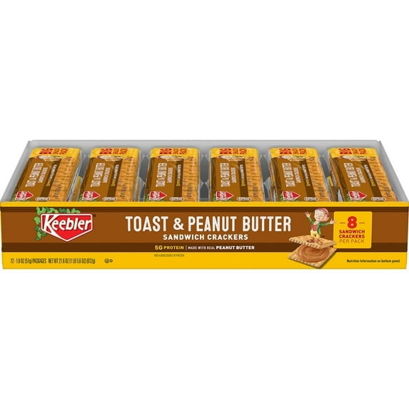 Keebler Toast & Peanut Butter Sandwich Crackers – 12 Pack × 1.8 oz Each – Crunchy Toast Crackers with Creamy PB Filling