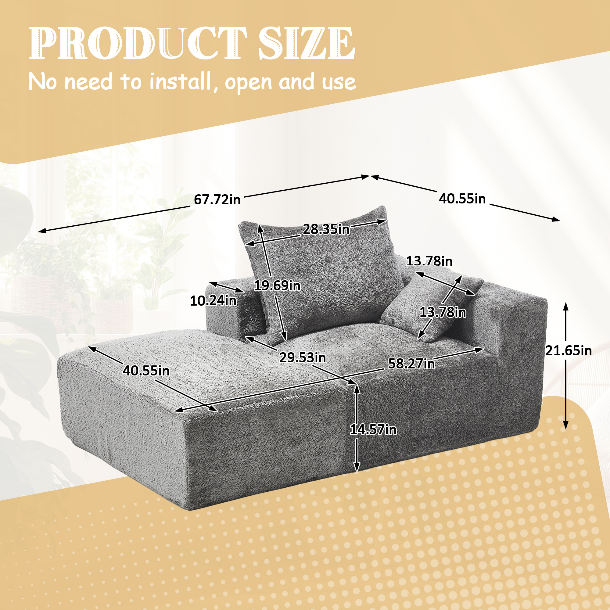 MOONMISS Boucle Upholstered Free Combination of Flexible 2-Seater Lazy Leisure Sofa with 2 Pillows-Gray
