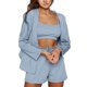 thumbnail image 1 of Conjunto de pijama de 3 piezas para mujer, color puro, seda de hielo, sujetador, pantalones cortos, frente abierto, prendas de vestir, ropa de dormir, azul, M, 1 of 5