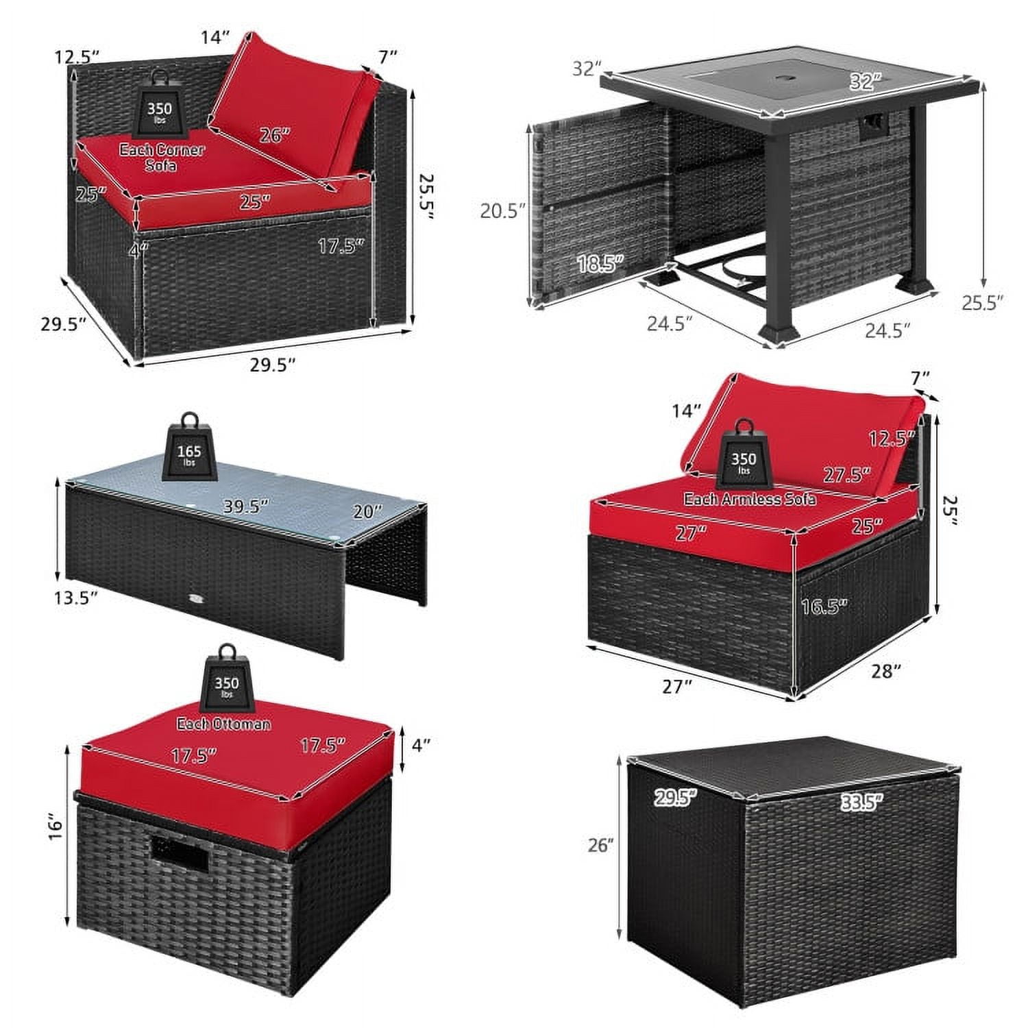 Aimee Lii 9 Pieces Patio Furniture Set with 32” Fire Pit Table and 50000 BTU Square Propane Fire Pit, Outdoor Patio Furniture, Red Aimee Lii 9 Pieces Patio Furniture Set with 32” Fire Pit Table and 50000 BTU Square Propane Fire Pit, Outdoor Patio Furniture, Red