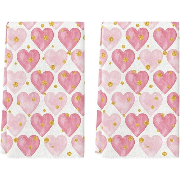 Golden Pink Love Valentine''s Day Kitchen Towels Dish Towels, 18x26 Inch Anniversary Wedding Farmhouse Decoration Hand Towels Set of 2