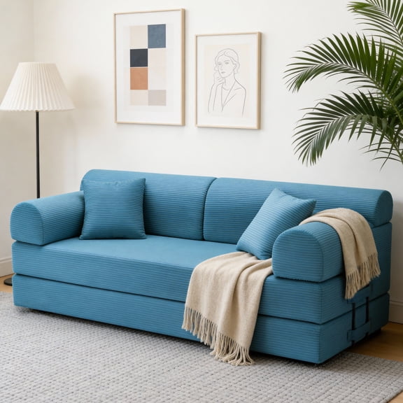 Leumius Oversized Corduroy Futon Sofa Bed Couch,78" Convertible Folding Mattress Couch with Fixed-Shape Frame,Floor Sofa Lounge Couch for Small Spaces,Apartments,Living Rooms,Sky Blue