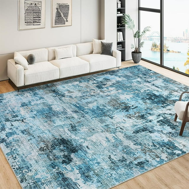 Twister.CK Washable Abstract Area Rug, 8' x 10' Boho Living Room Bedroom Rug Modern Non-Slip Non-Shedding Low Pile Throw Rug for Dining Room Home, Blue
