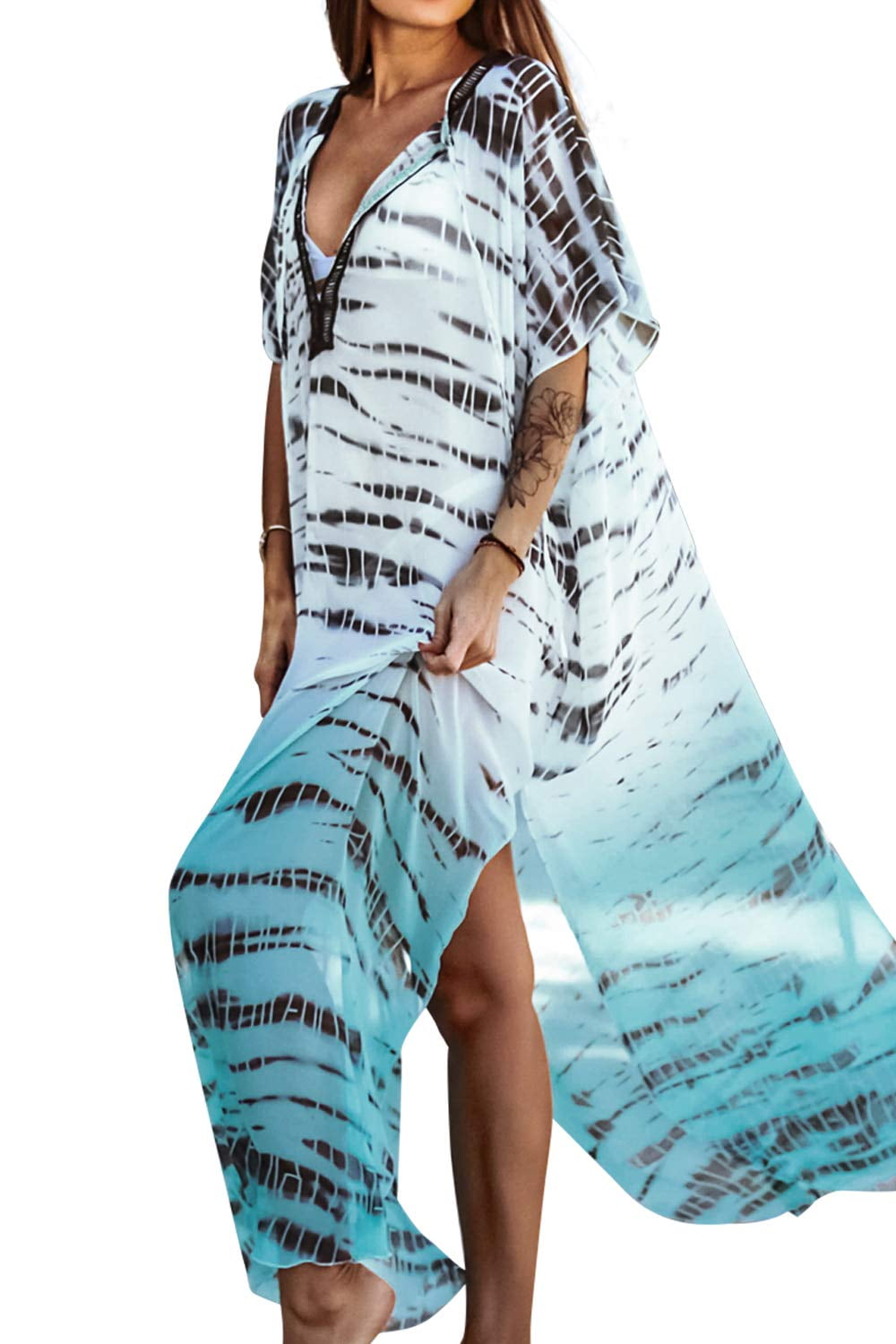 Cupshe Women's Teal And White Print Maxi Cover Up, One Size