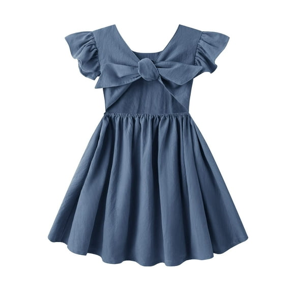 Vestido Dutebare para niñas pequeñas, algodón y lino, volantes, azul marino 110