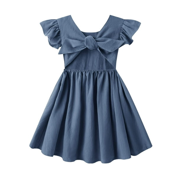 Vestido Dutebare 90 azul marino de algodón y lino con volantes