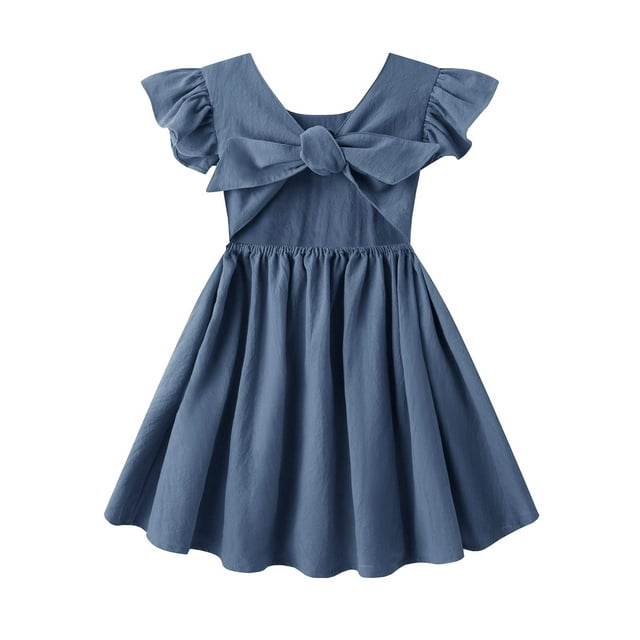 Vestido Dutebare para niñas pequeñas, algodón y lino con volantes, azul marino 100