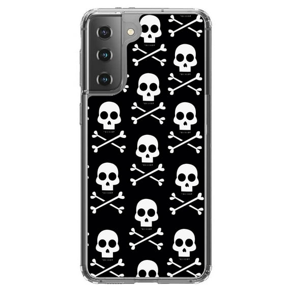 DistinctInk Clear Shockproof Hybrid Case for Galaxy S21 5G (6.2" Screen) - TPU Bumper, Acrylic Back, Tempered Glass Screen Protector - Black White Skulls Pattern
