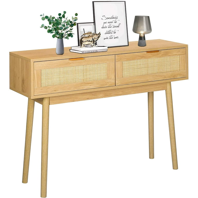Coewske Oak Console Table with RattanDrawers Entryway Living