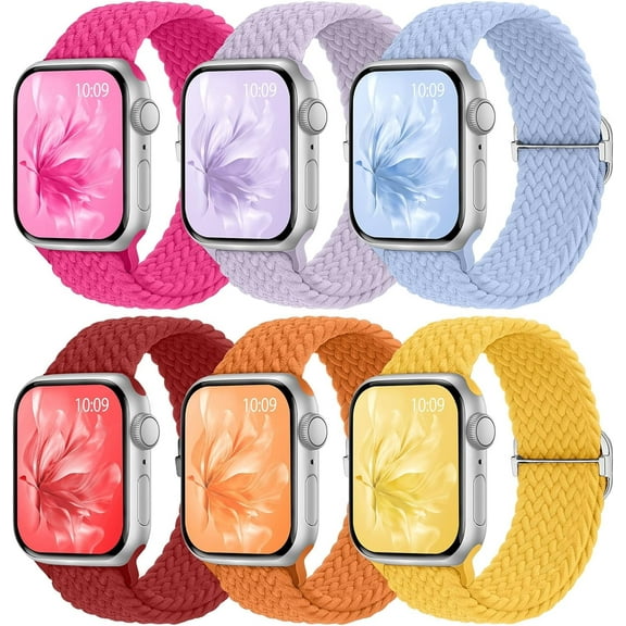 KOMI 6 Pack Braided Stretchy Bands Compatible with Apple Watch Band 38mm 40mm 41mm 42mm 44mm 45mm 49mm Women Men,Adjustable Nylon Solo Loop Elastic Straps for iWatch Series 9 8 7 6 5 4 3 2 1 SE Ultra