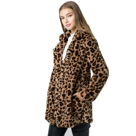 PacificPlex - Leopard Print Notch Collar Faux Fur Teddy Coat (Medium ...