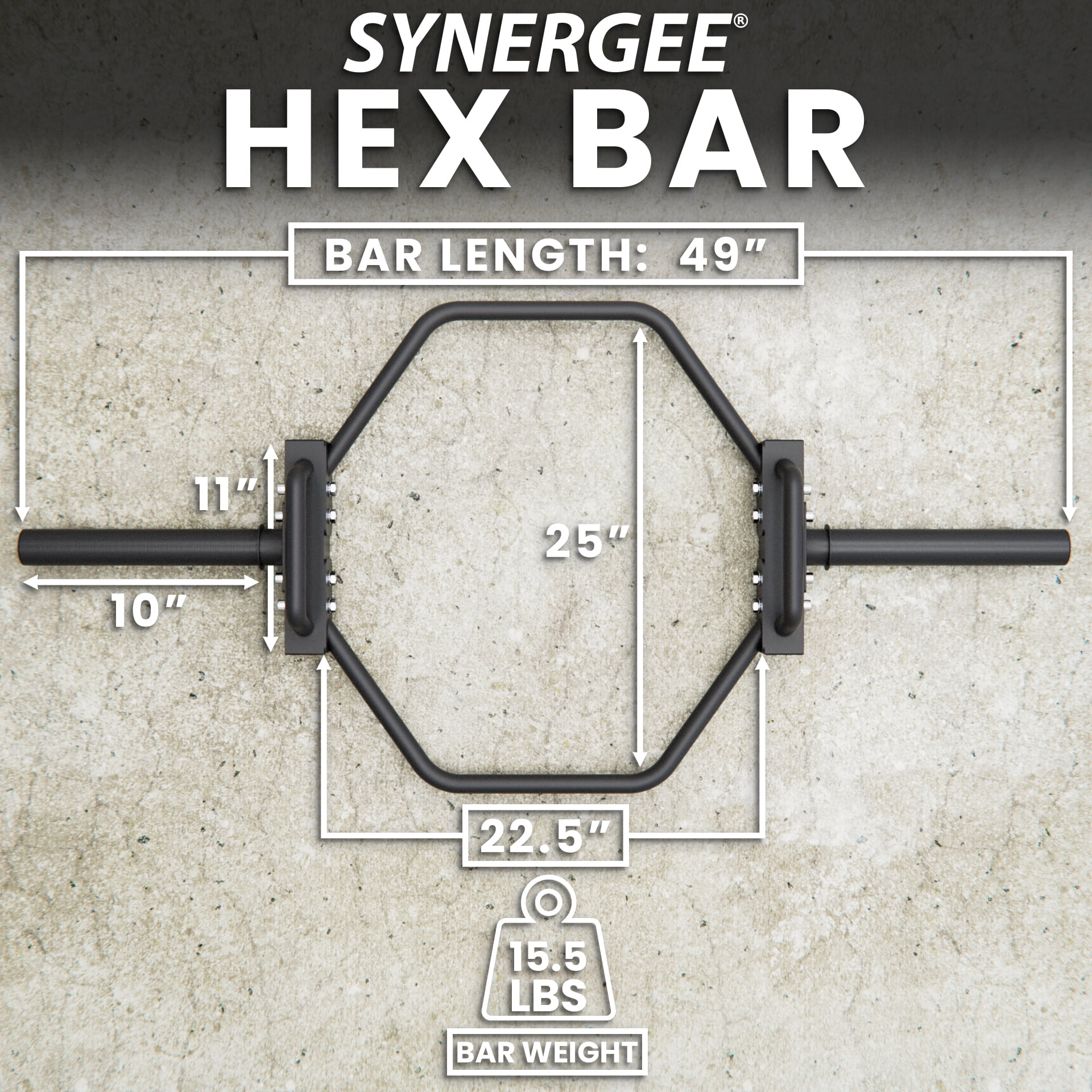 Synergee 7kg Black Olympic Hex Barbell Trap Bar with Standard Height Handles for Squats, Deadlifts, Shrugs and Power Pulls. 49” Long Bar with 10” Sleeve.