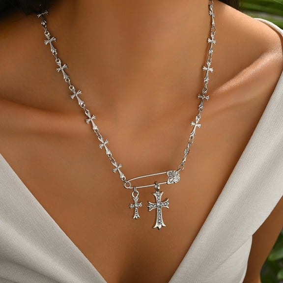Silver Cross Necklace for Women Men, Safety Pin Cross Pendant with Cubic Zirconia, Gothic Punk Aesthetic Necklace, Trendy Jewelry Gift