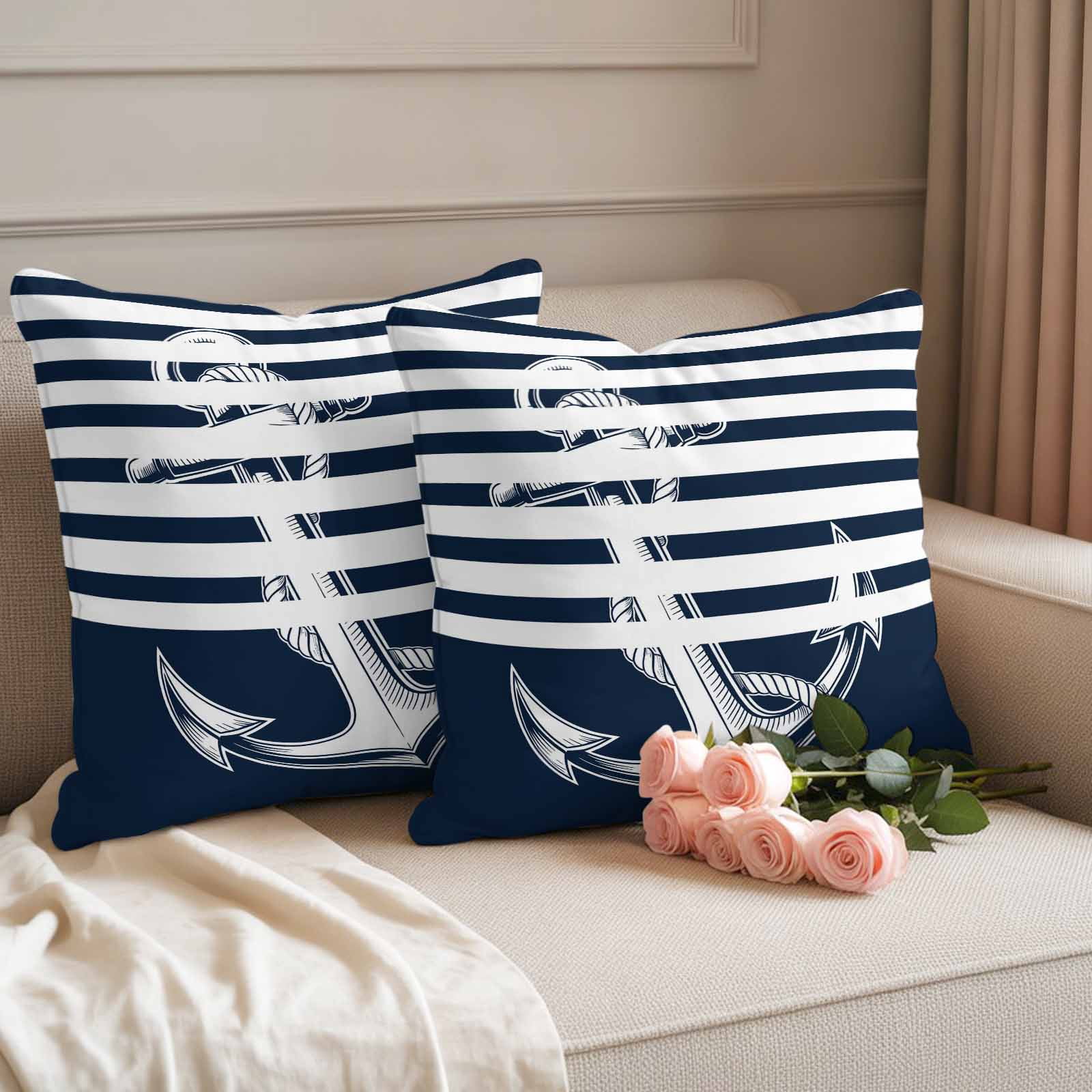 Navy Blue Anchor Outdoor Waterproof Pillow Covers, Nautical Coastal Abstract Art Decorative Square Throw Pillowcase Sofa Cushion Sham for Patio/Couch/Chair, 20"x20" 2 Pack