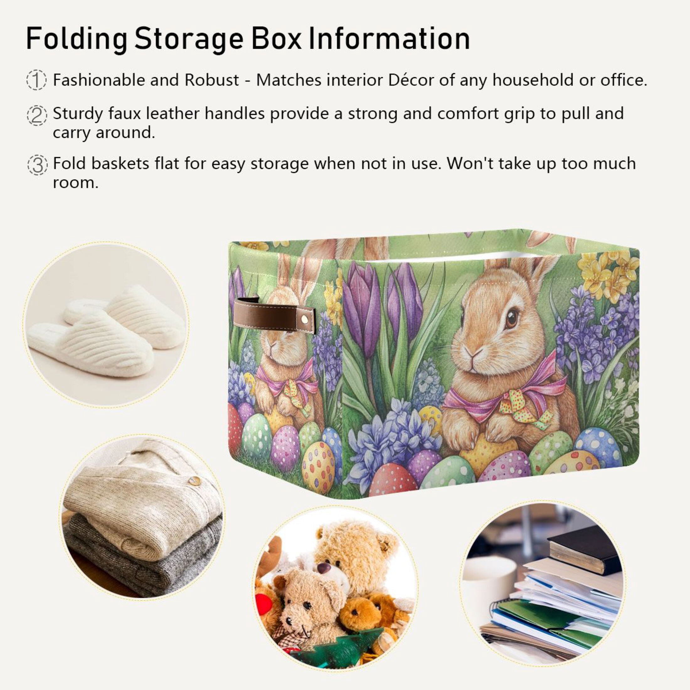 WOBOGO Easter Orange Bunny Square Storage Basket with Waterproof Canvas and PE Lining Durable PU Leather Handles 14.2×10.2×8.3in