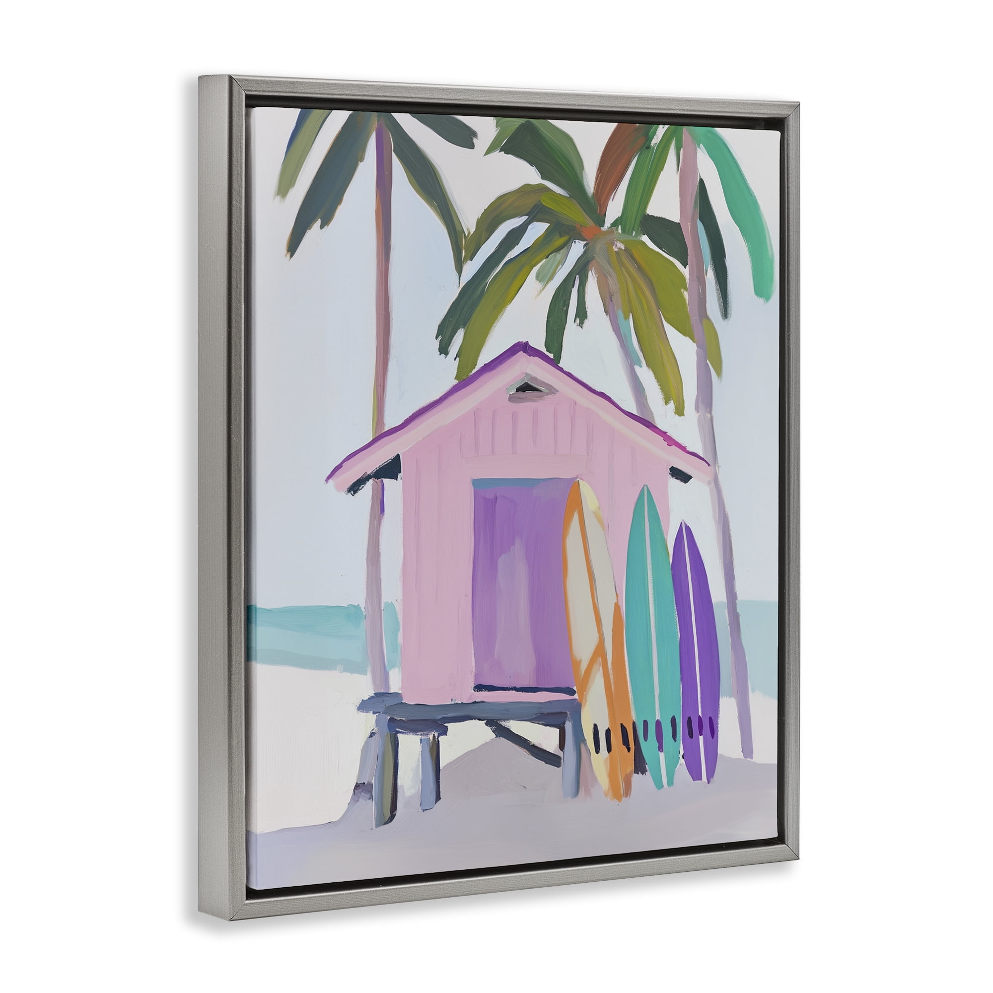 Stupell Industries Pink Beach Hut with Surfboards Gray Framed Floater Canvas Wall Art, design by Sisi and Seb