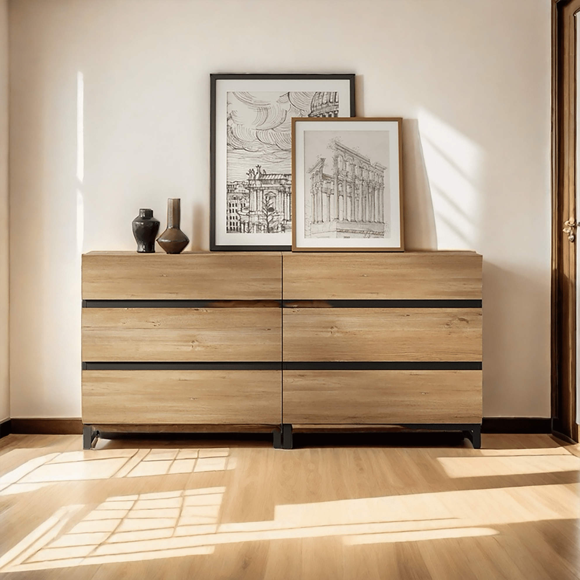 WAMPAT 4 in 1 Modern Sideboard with Adjustable Shelves and 6 Drawers, Coffee Bar Cabinet for Living Room, Kitchen, Oak