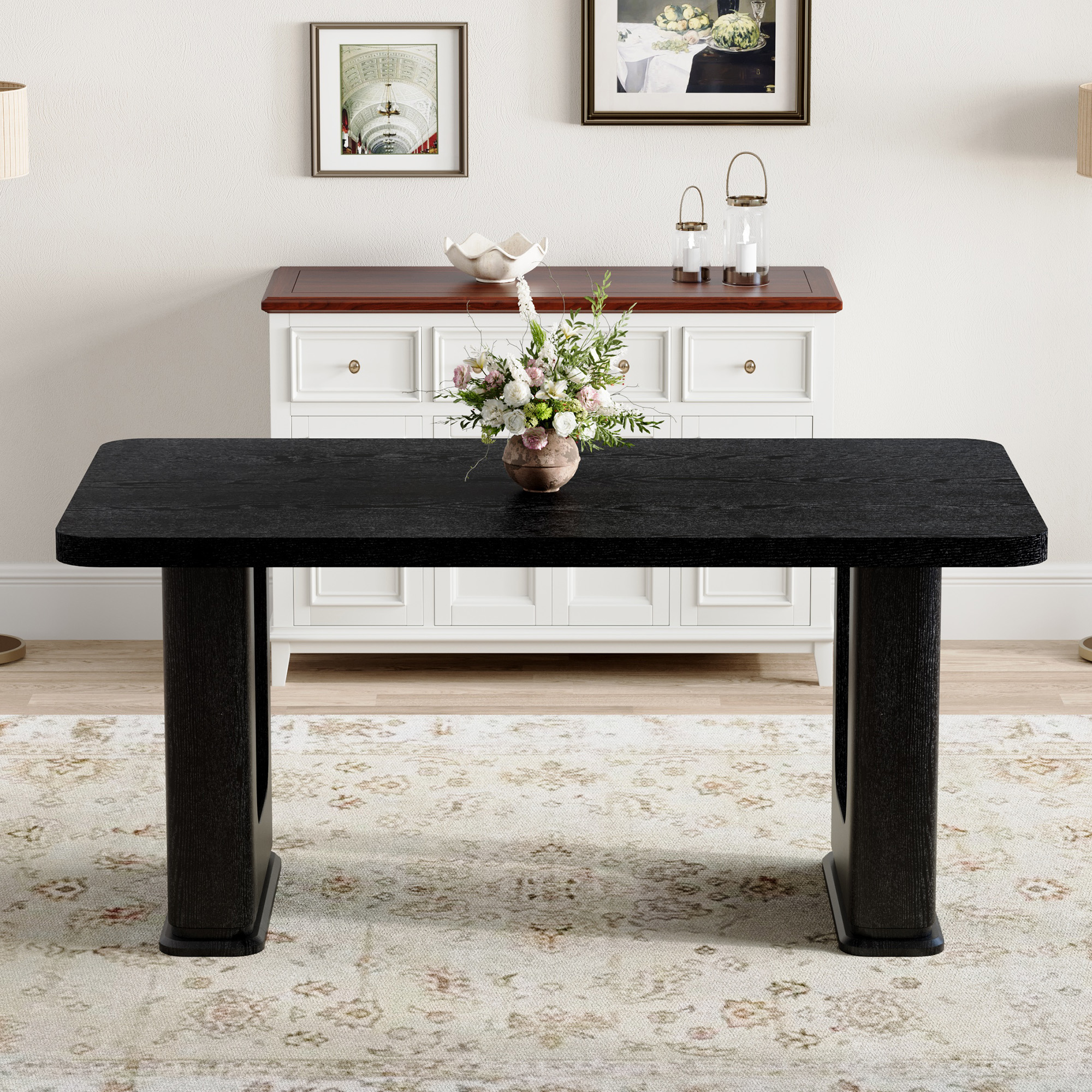 Mintazer 64 Inch Modern Black Wood Grain Rectangular Dining Table with Tempered Glass Inset Legs, Minimalist Kitchen Table for 6-8 People, Black