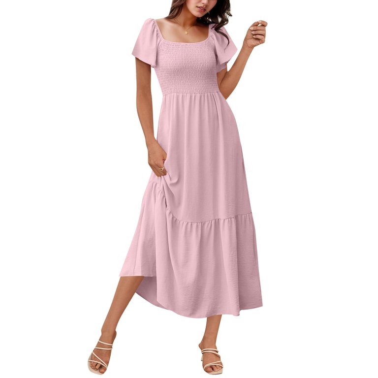 Wedding Guest Dresses For Women, Casual Square Neck Bell Sleeve Pleated  Maxi Dress With Pockets Loose Fit Beach Cocktail Party Vacation Sundress  Peplum Women Dresses Short (S, Pink) ZMTing - Walmart.com