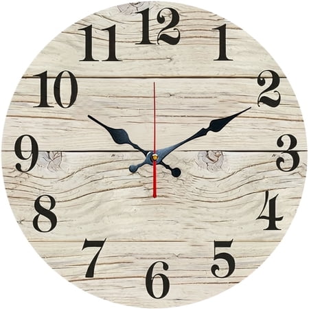 SBEMP10 Inch Silent Wall Clock, Distressed White Wood Plank Decorative Wall Clock, Battery Operated Non-Ticking Round Clock for Living Room Bedroom Kitchen Home Decor