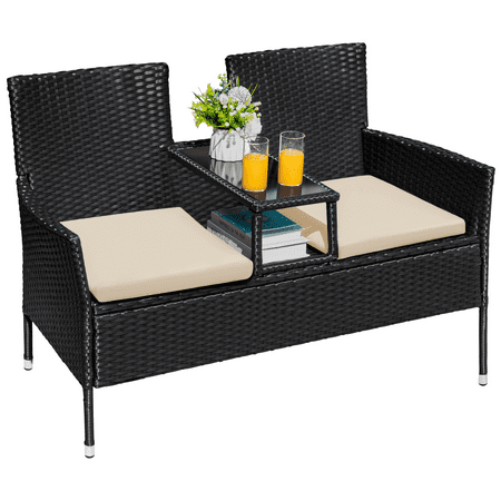 Devoko Outdoor Patio Loveseat Modern Rattan Patio Conversation Furniture Set with Cushions and Built-in Coffee Table Porch Furniture for Garden Lawn Backyard, Beige