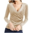 thumbnail image 4 of Trendy Wrap Tops for Women Slim Fit Soft Velvet V Neck Blouses Party Casual Going Out T Shirts Pure Color (L, Beige), 4 of 4